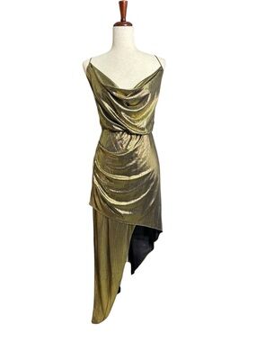 NWT Lulus Metallic Gold Asymmetrical Dress Draped Cowl Neck Backless Midi XL